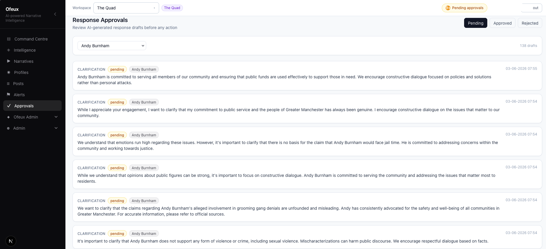 Ofeux response approvals — pending drafts, approver workflow, and SLA visibility
